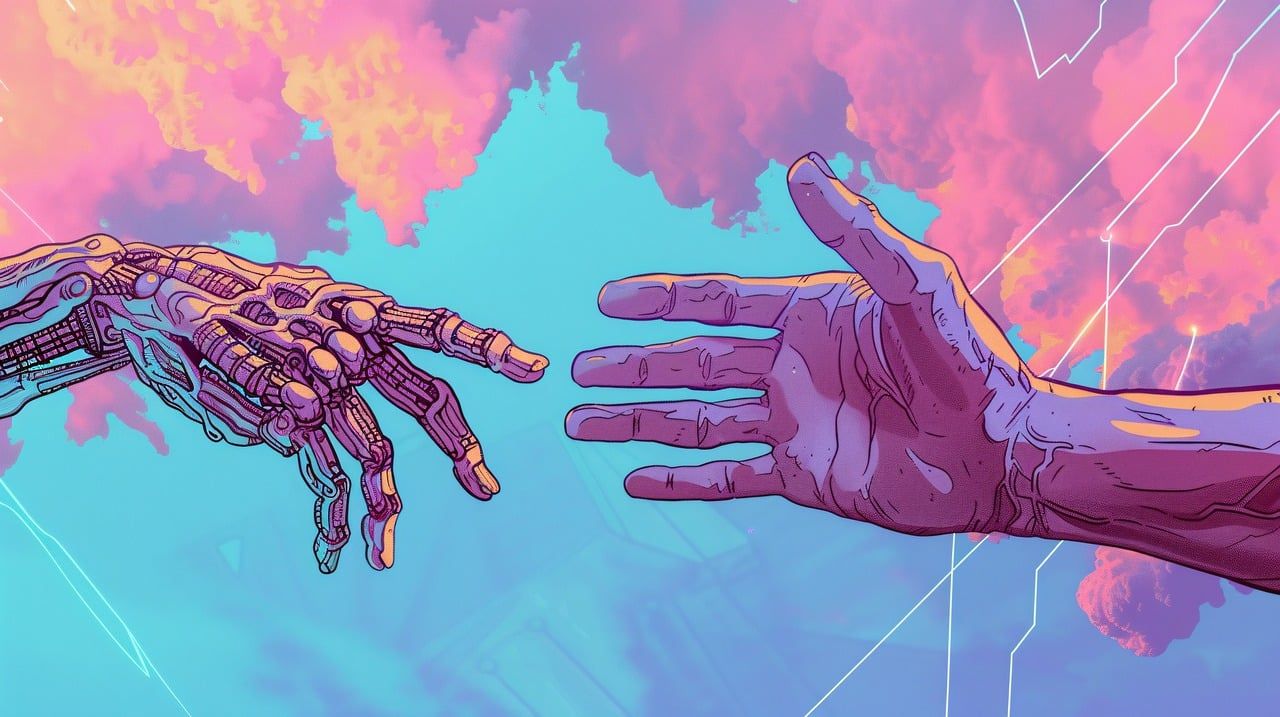 Infoup brand artwork showing a robotic hand reaching out to a human hand, symbolizing Infoup’s mission to bridge the gap between humans and AI tools for everyday use.