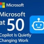 Illustration of Microsoft Copilot AI assistant integrated with Microsoft 365 apps like Word, Excel, and Teams, celebrating Microsoft's 50th anniversary with futuristic digital elements.