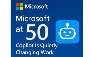 Illustration of Microsoft Copilot AI assistant integrated with Microsoft 365 apps like Word, Excel, and Teams, celebrating Microsoft's 50th anniversary with futuristic digital elements.
