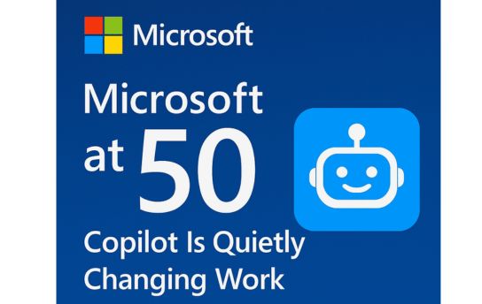 Illustration of Microsoft Copilot AI assistant integrated with Microsoft 365 apps like Word, Excel, and Teams, celebrating Microsoft's 50th anniversary with futuristic digital elements.